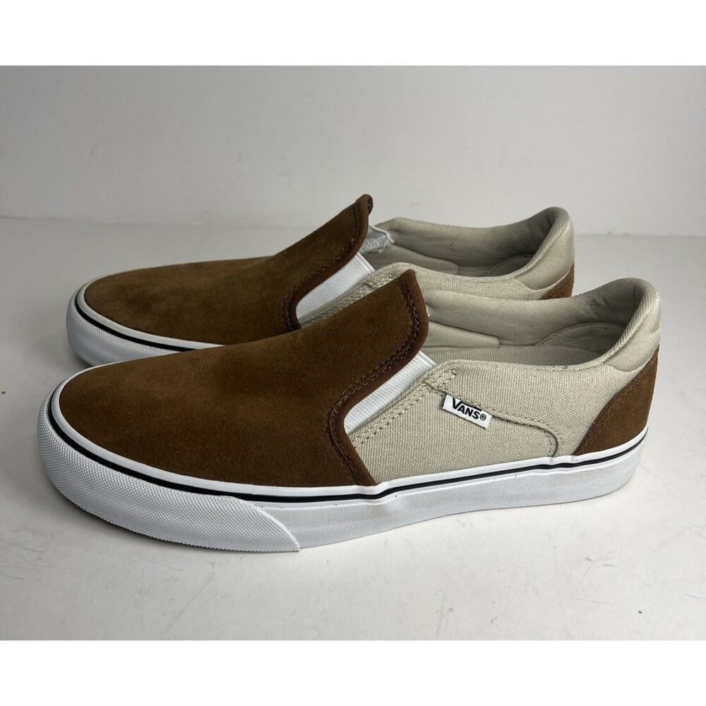 VANS Asher Men's Slip-On Brown Suede & Canvas Shoes Size 8 COMFORT RETRO PUNK